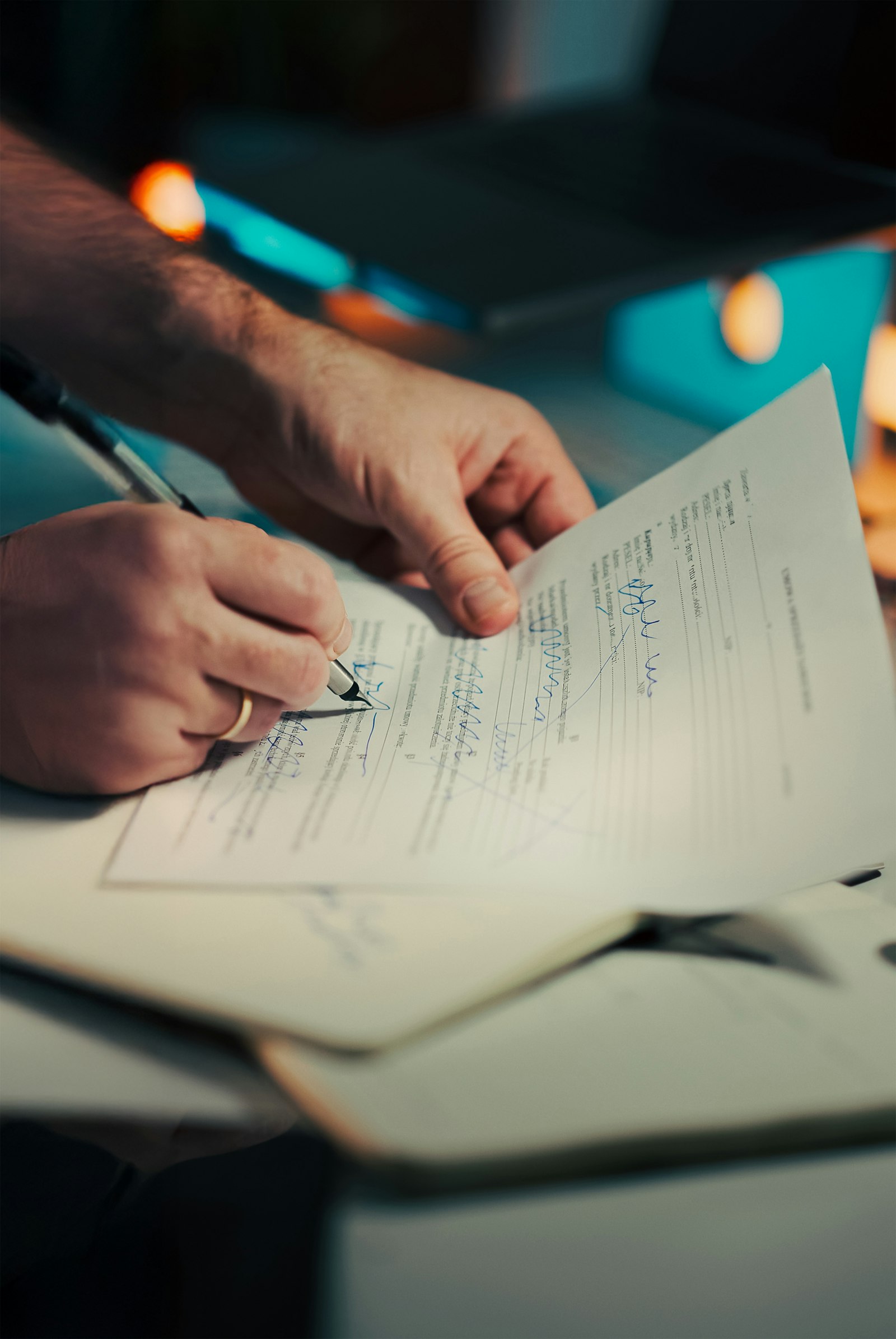 Empresário assinando documento societário em mesa de trabalho